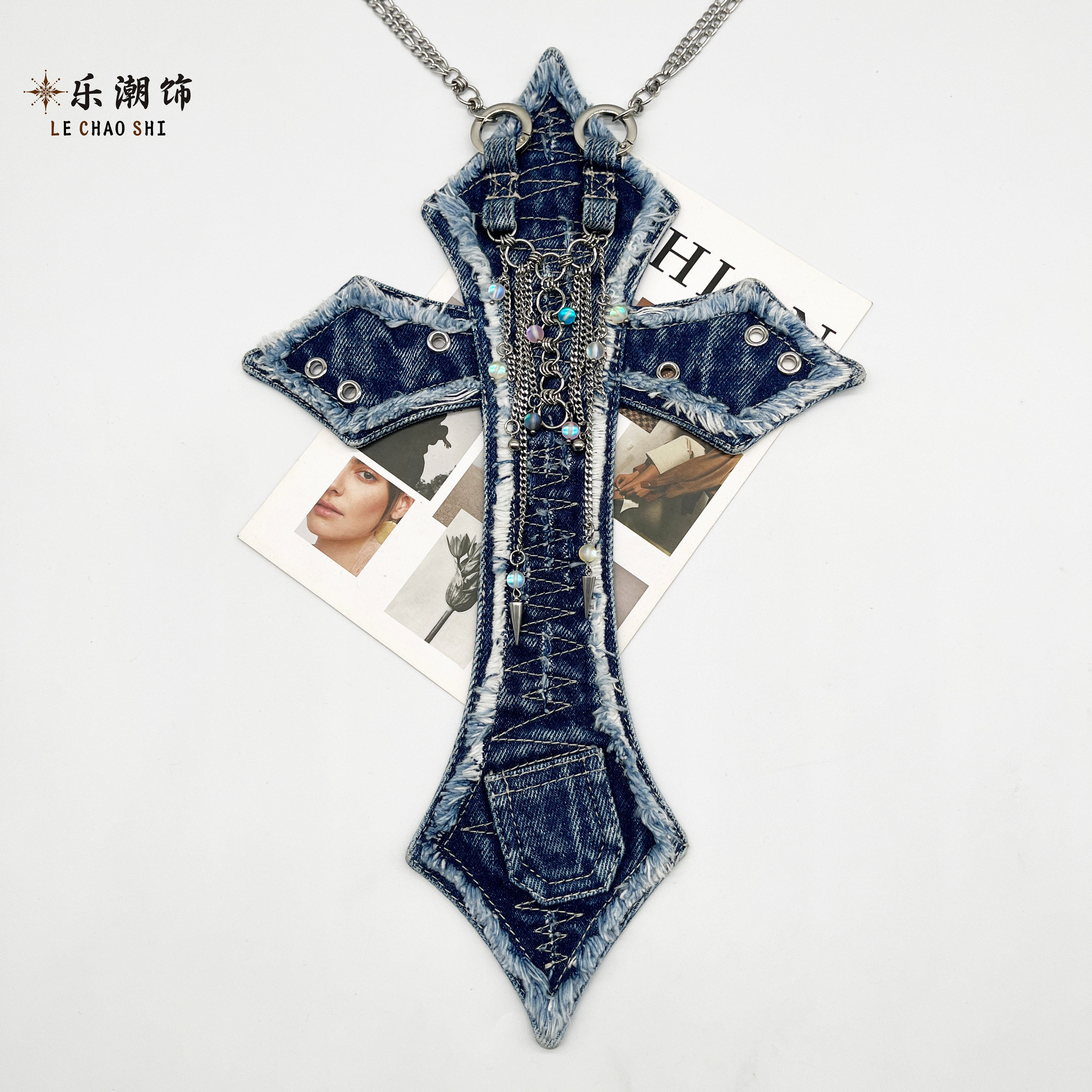 Lechao, a trendy brand, features a cross-shaped denim tie for women, a stylish shirt, and a sexy, edgy, punk-inspired look.