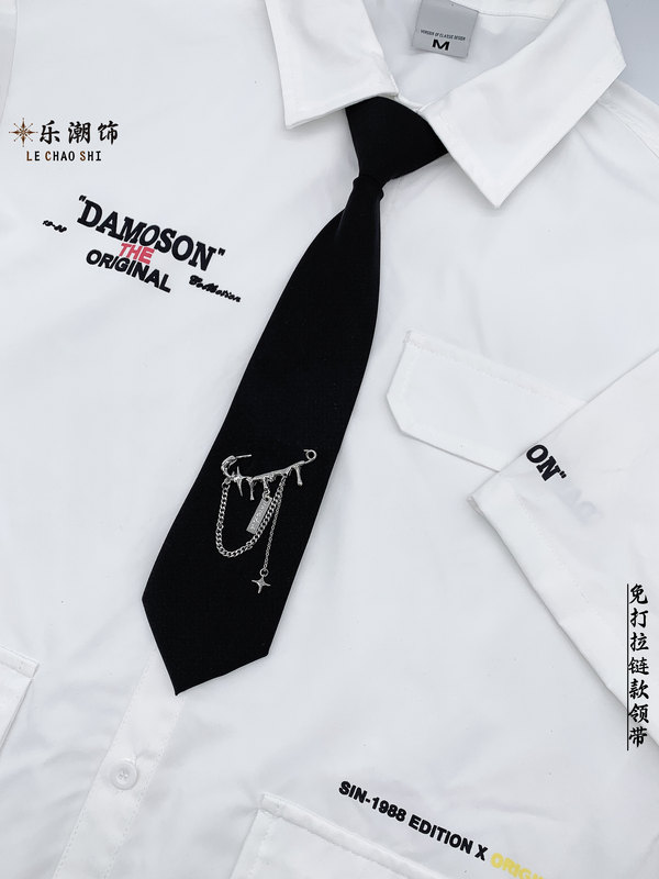 Lechao Original Trendy Black Shirt No Tie Needed Korean Style Chain Cool College Style Student