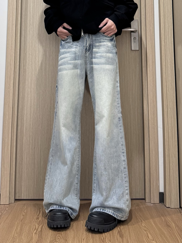 Yingzq American-Style Clenfit Vintage Ice Blue Flared Slimming Jeans Unisex Loose Straight Versatile Long Pants