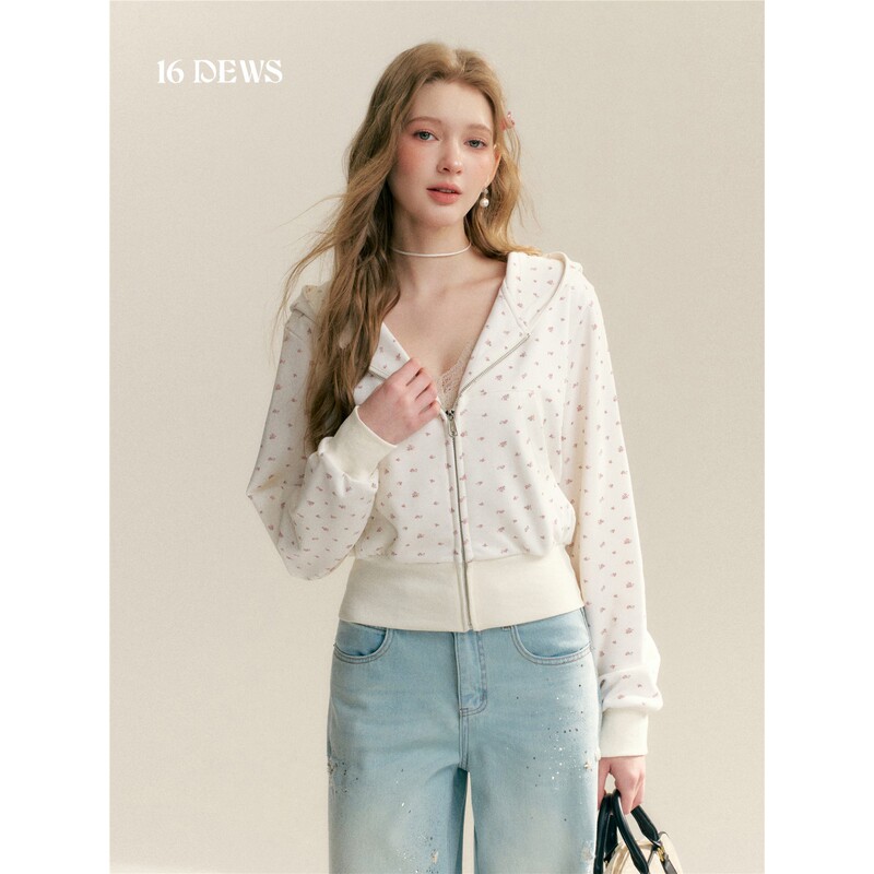 [in Stock] 16Dews Korean Style Floral Hooded Cardigan Sweatshirt Casual Loose Lazy Short Top Thin