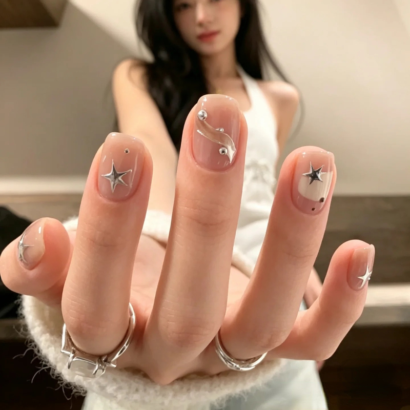 Purely Handmade Summer Nail Art Stickers, Nude Color Star Streamers, Whitening Fake Nails, Finished Product with a High-End Feel, Short Style Wearable Nails Purely Handmade Summer Nail Art Stickers, Nude Color Star Streamers, Whitening Fake Nails, Finished Product with a High-End Feel, Short Style Wearable Nails