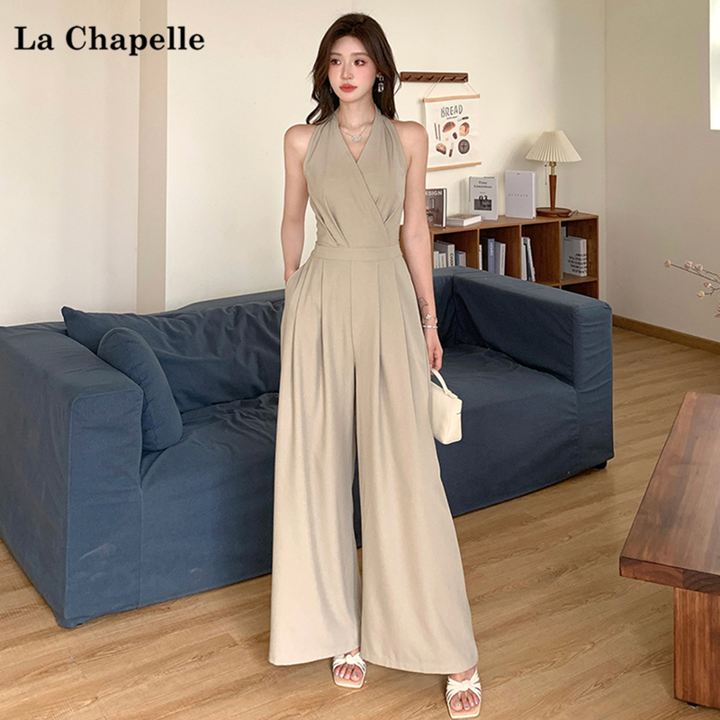 La Chapelle High-End V-Neck Halter Neck Waist-Cinching Slim-Fit Pleated Wide-Leg Jumpsuit