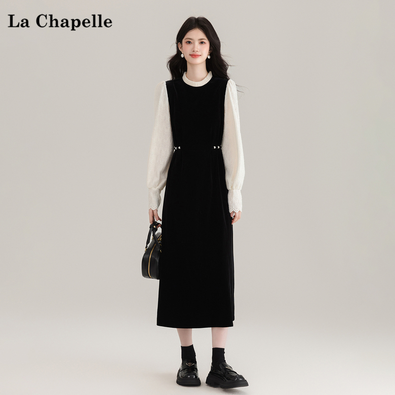 La Chapelle Hepburn-Style Faux Two-Piece Long-Sleeve Dress High-Waisted Elegant Mid-Length Dress for Women La Chapelle Hepburn-Style Faux Two-Piece Long-Sleeve Dress High-Waisted Elegant Mid-Length Dress for Women