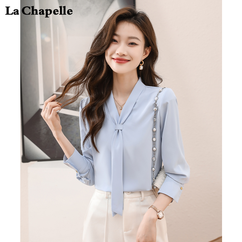 La Chapelle Spring Flutter Collar Chiffon Shirt Elegant Interview Professional Blouse Top for Women