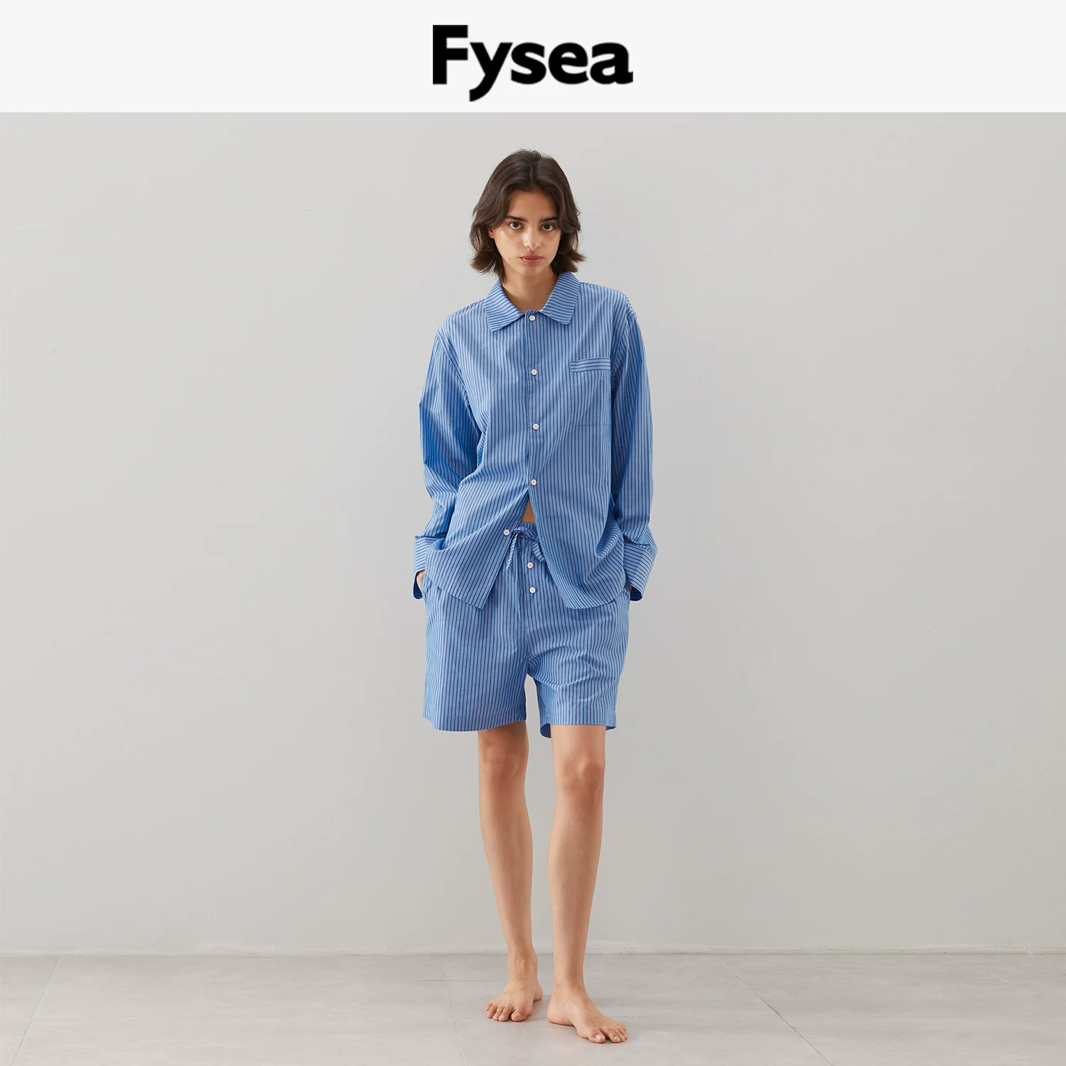 Fysea Tencel Cotton Ночной синий полосатые пижамы весна, лето и осень домашняя одежда можно носить и на улице мужская и женская маленький воротник с длинными рукавами