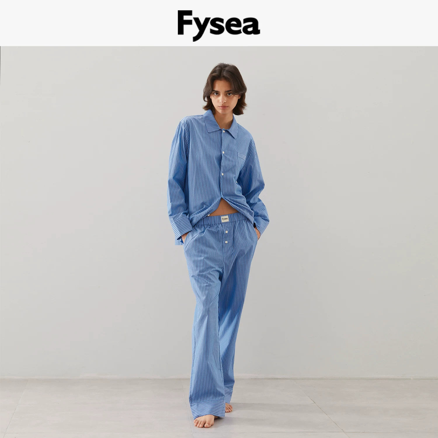Fysea Tencel Cotton Ночной синий полосатые пижамы весна, лето и осень домашняя одежда можно носить и на улице мужская и женская маленький воротник с длинными рукавами