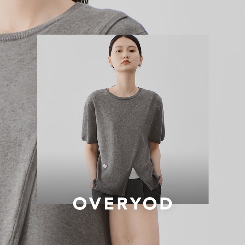 Sheep Weaving Road Iceberg with sheep wool round neck slit design short-sleeved casual all-match pullover top T-shirt for women