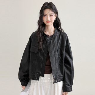 Retro Black Stand-Up Collar Leather Jacket for Women 2025 Spring & Fall New Style Pu Leather Loose Elegant Motorcycle Jacket Top Trendy