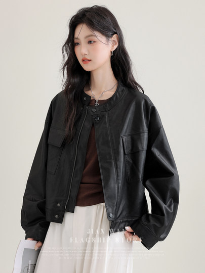 Retro Black Stand-Up Collar Pu Leather Jacket for Women 2025 Spring & Fall New Style Loose Elegant Motorcycle Versatile Jacket Top