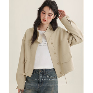 2025 Spring and Autumn New Style Turn-Down Collar Drawstring Design Short Jacket for Women, College Style Loose Fit for Petite Figures, Trendy Top