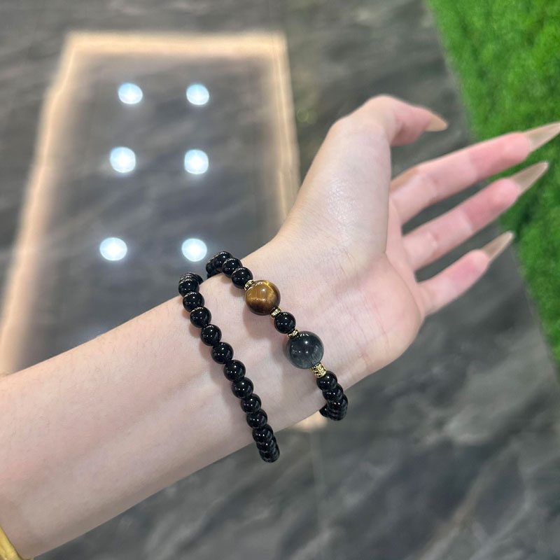 Enen's Same Style Natural Obsidian Tiger Eye Stone Double-Circle Bracelet for Men and Women, Wealth-Attracting and Luck-Enhancing Crystal Couple Bracelet Gift
