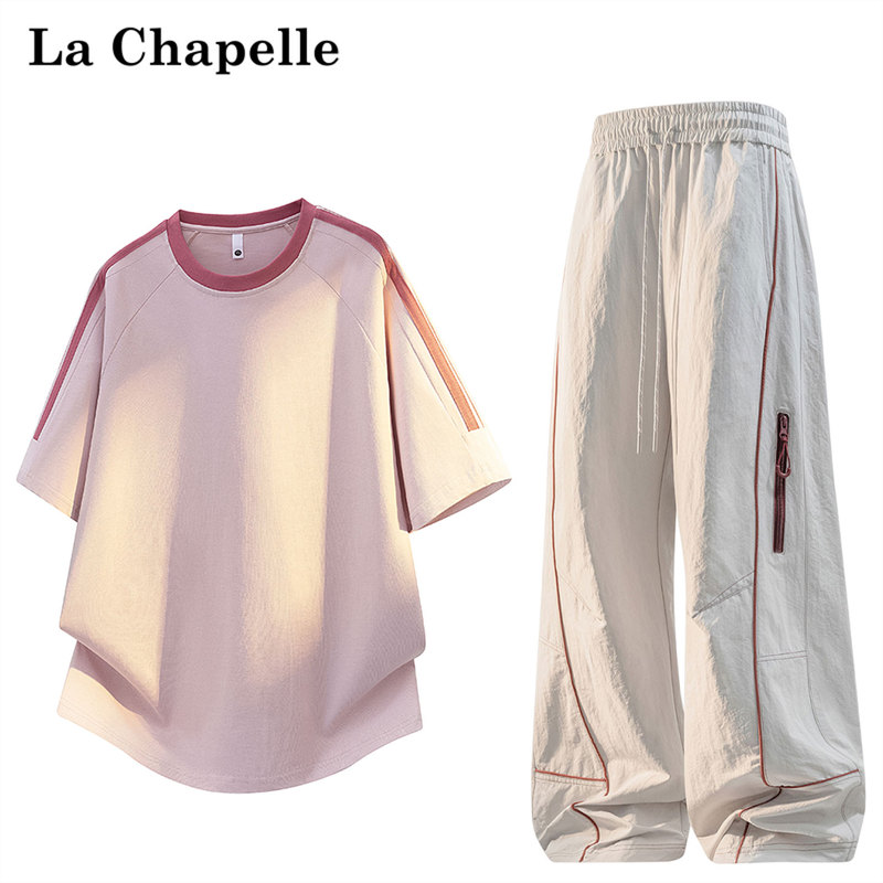 La Chapelle Pure Cotton Patchwork Design Casual Suit for Women, New Summer Pink Short-Sleeved T-Shirt Two-Piece Set