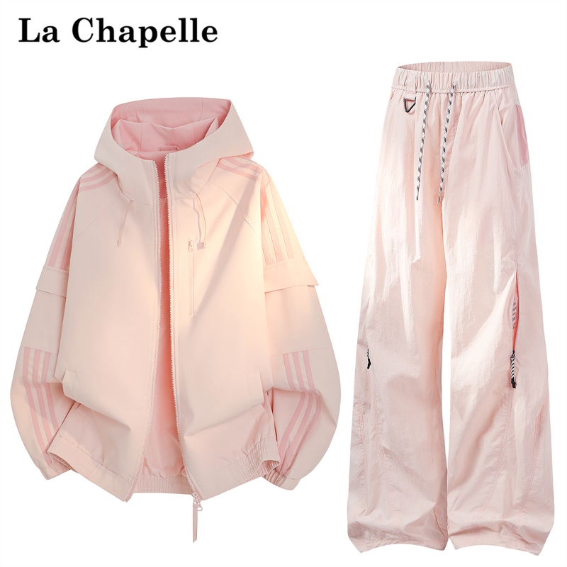 La Chapelle Dopamine Stripe Color-Block Jacket Set for Women, Autumn Sports Hooded Jacket and Long Pants Two-Piece Set