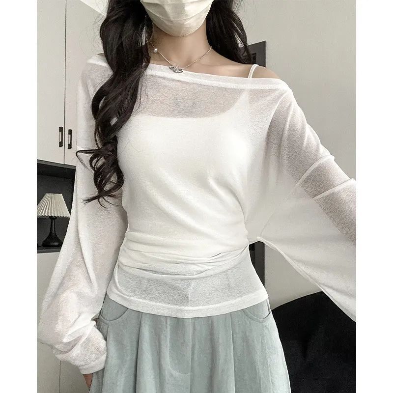 White Tie-Up Lazy Blouse for Women, New Spring/Summer Loose T-Shirt, Thin Design, Slightly See-Through Sun Protection Shirt, Cotton Top