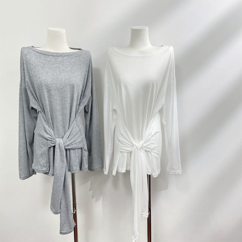 Sweet and Spicy Girlfriend Style Design, Tie-Waist Slimming Long-Sleeve T-Shirt, Summer Thin Loose Sun Protection Shirt, Chic Top
