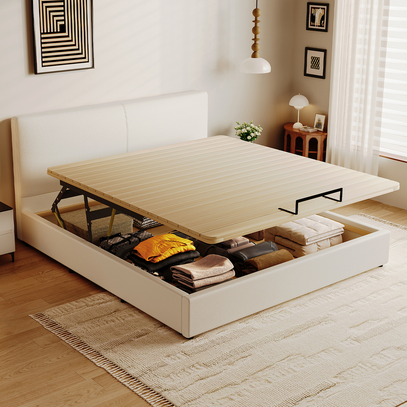 Cream-Colored Thin Headboard Upholstered Solid Wood Bed Frame with Sliding Air Pressure High Box Storage Bed for Small Apartments with Large Storage Box