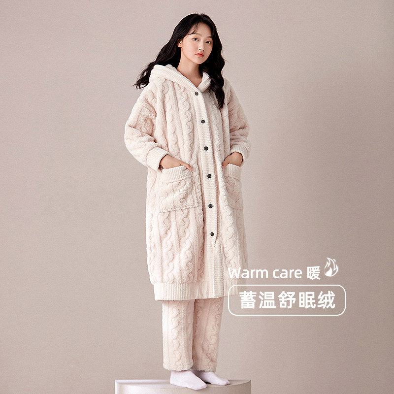 Sandro Vicari sleepwear woman bathrobe suit Coral Suede Winter Plus Suede Thickened Long Version of Lido hat Home