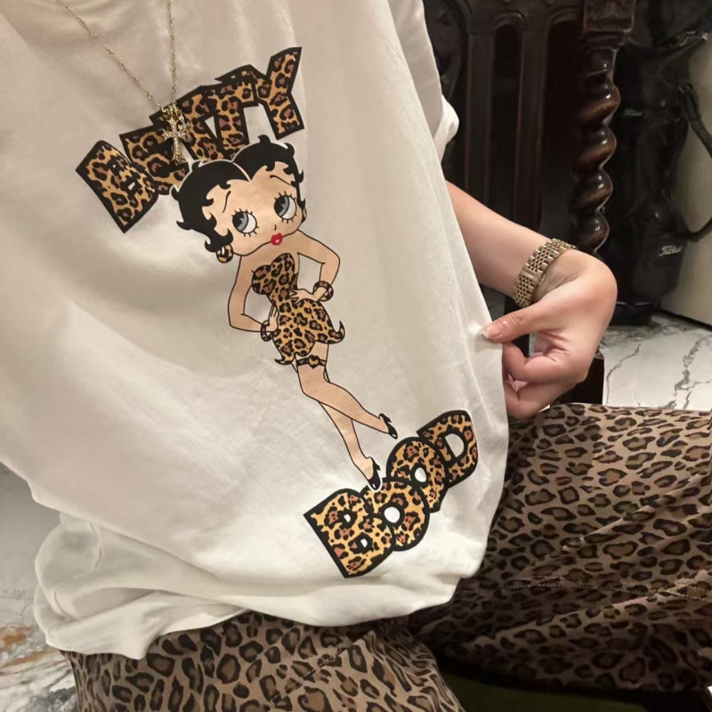 American Retro Leopard Print Miss Betty Printed White Short-Sleeved T-Shirt for Women in Summer, Lazy Style, Loose and Slimming Look Top