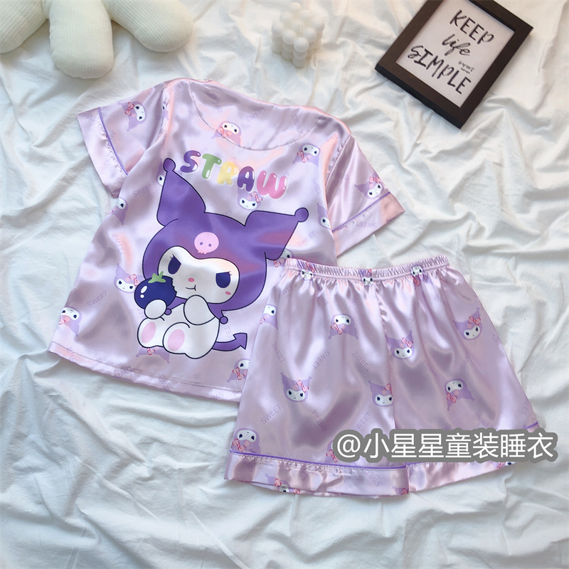 <!--冰丝库洛米儿童睡衣女童卡通可爱夏季短袖中大童V领套装家居服-->