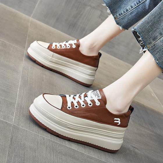 Genuine leather inner heightening white shoes for women 2023 new versatile first layer cowhide thick-soled single shoes casual sneakers ins trend