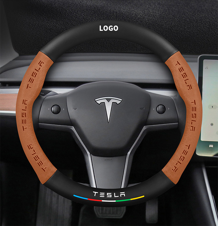 Suitable for Tesla Model 3 Steering Wheel Cover New Version Genuine Leather Suede Carbon Fiber Ultra-Thin Car Handlebar Cover