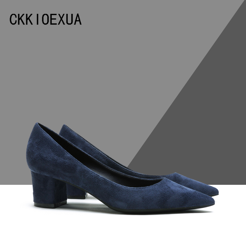 Dark Blue Suede High-Heeled Shoes for Women 2024 New Style Sheepskin Chunky Heel 5cm Medium Heel Simple Professional Pointed Toe Single Shoes