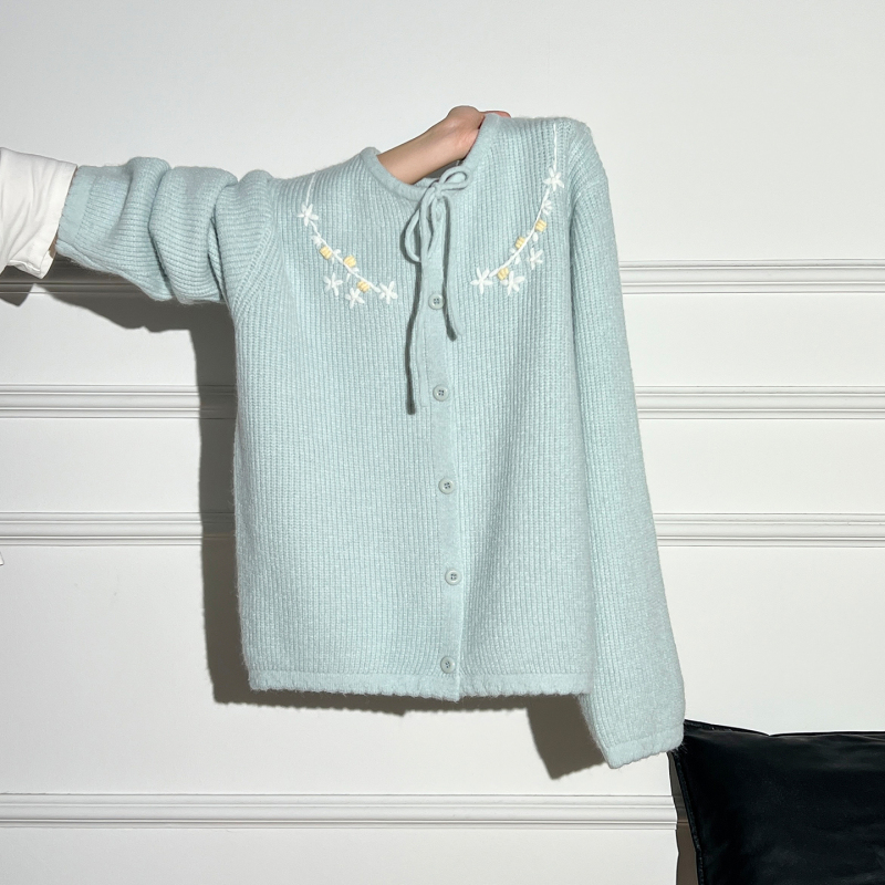 Light Blue Embroidered Lace-Up Knitted Cardigan Sweater Jacket for Women, Loose Design, Round Neck, Sweet Style Top