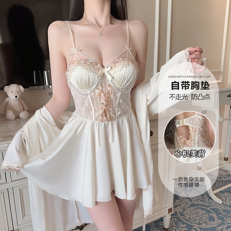 Sexy pajamas for women with breast pads spring and summer 2025 new ice silk  abstinence suspender