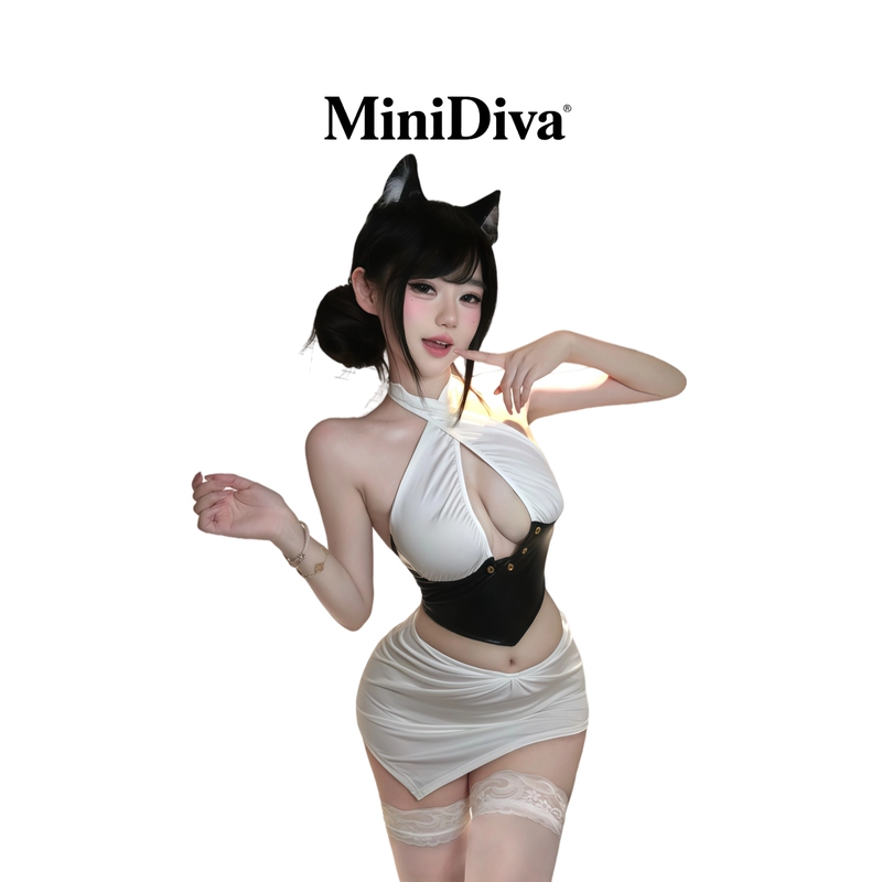 Minidiva: Be Your Cat, Sexy Dominatrix, Hot Girl Corset Lingerie, Cat Cosplay, White Bodycon Skirt