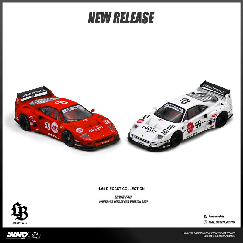 Inno 1:64 Lemans Widebody Modified F40 Collet No. 58 Alloy Car Model Collection