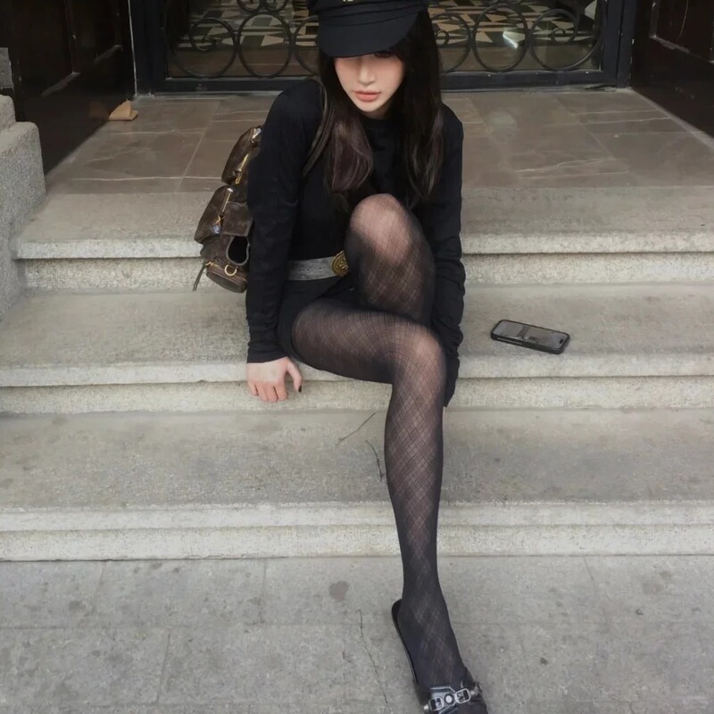 Flgg【Hot Girl】Vintage Sexy Rhombus Pattern Black Stockings Sweet Cool Rhombus Houndstooth Long Stockings for Women
