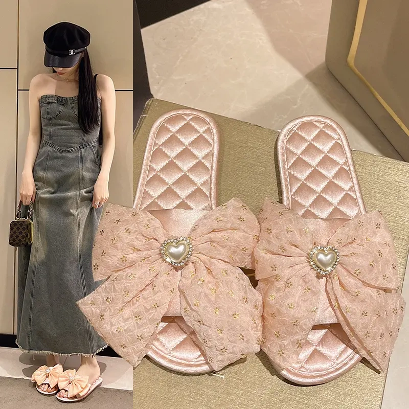 Sweet ins Style Mesh Bow Satin Bride Bridesmaid Slip-On Slippers for Home Use with Dressing Gown, Non-Slip Home Slippers