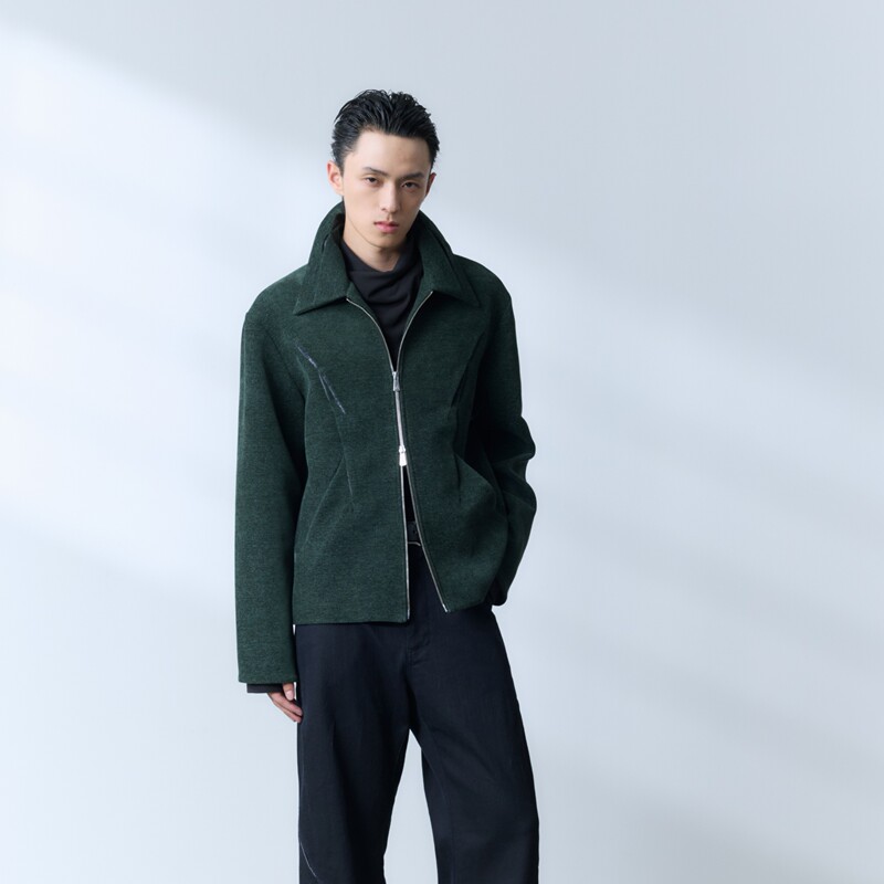 Yunyi [Green·Shadow Flow] Knife-Cut Texture Contrast Color Patchwork Fine Woven Coarse Texture Contrast Color Zipper Jacket