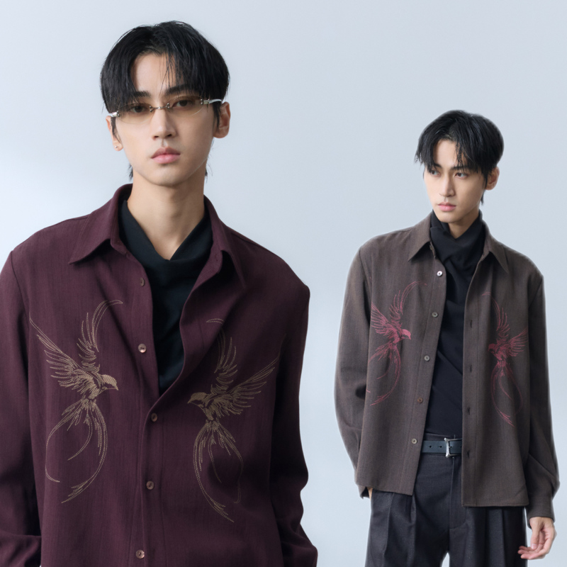 Yunyi [Birds Flying in Unison] Tencel Wool Acetate Blend Gradient Stitch Color-Blocked Embroidered Long-Sleeve Shirt