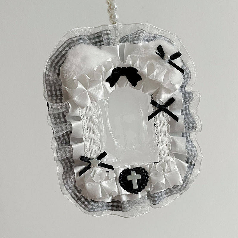 INS card holder with lace, original DIY Guka plush cat ear trim, rectangular 3-inch card holder backpack.