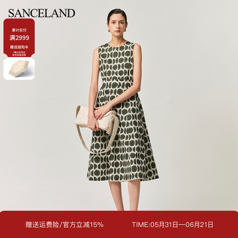 Sanceland Three-Stone One-Piece Summer Cotton Polka Dot Print Sleeveless Long Dress with Belt Si24103051