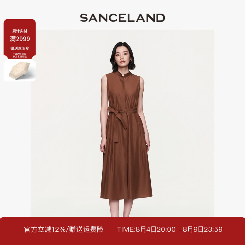 Sanceland San Shi Yi Lan Summer Silk Cotton Stand-Up Collar Sleeveless Shirt Dress with Tie Si24103139 Sanceland San Shi Yi Lan Summer Silk Cotton Stand-Up Collar Sleeveless Shirt Dress with Tie Si24103139