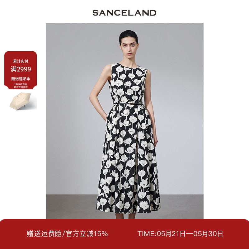 Sanceland San Shi Yi Lan 25 Summer Pure Cotton Black and White Printed Sleeveless Dress Vacation Style Sj24104188 Sanceland San Shi Yi Lan 25 Summer Pure Cotton Black and White Printed Sleeveless Dress Vacation Style Sj24104188
