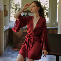 Sleepwear Women Summer Real Silk Morning Robes Long Sleeve Bridal Sexy Short silk Home Clothing Nets Red Ice Silk Sleeping Robes Bathrobe