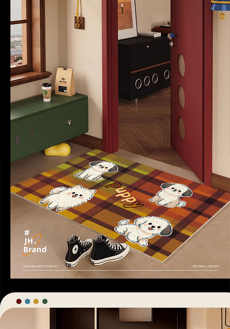 Cartoon Puppy Silk Loop Floor Mat for Entryway, Dust-Removing Mat, Scratch-Resistant and Wear-Resistant Door Mat, Multifunctional Entrance Door Mat