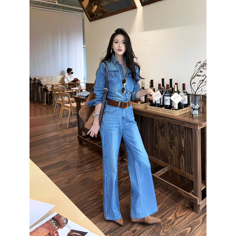 Very Stylish Spring Outfit Hong Kong Style High-End Blue Denim Shirt Set for Women Early Spring New Flared Pants Two-Piece Set