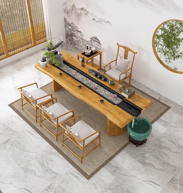 New Chinese-style circulating water tea table table office Zen fish farming landscape original solid wood large board tea table and chair combination
