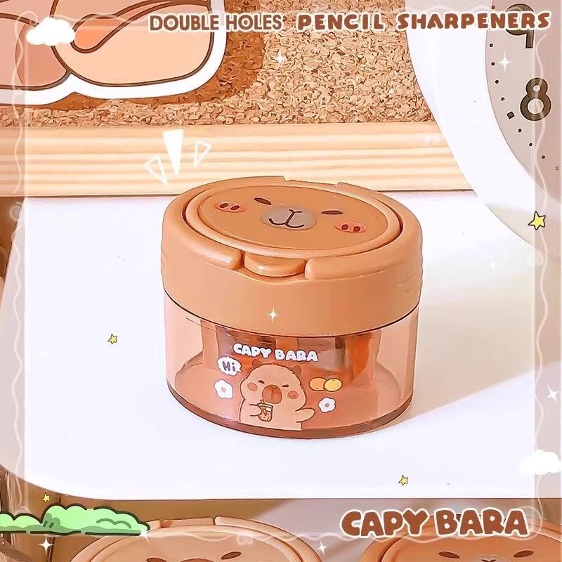 Children's Pencil Sharpener Kapibara Rotating Pencil Sharpener Manual Rotating Pencil Sharpener Cartoon Manual with Lid Double Hole