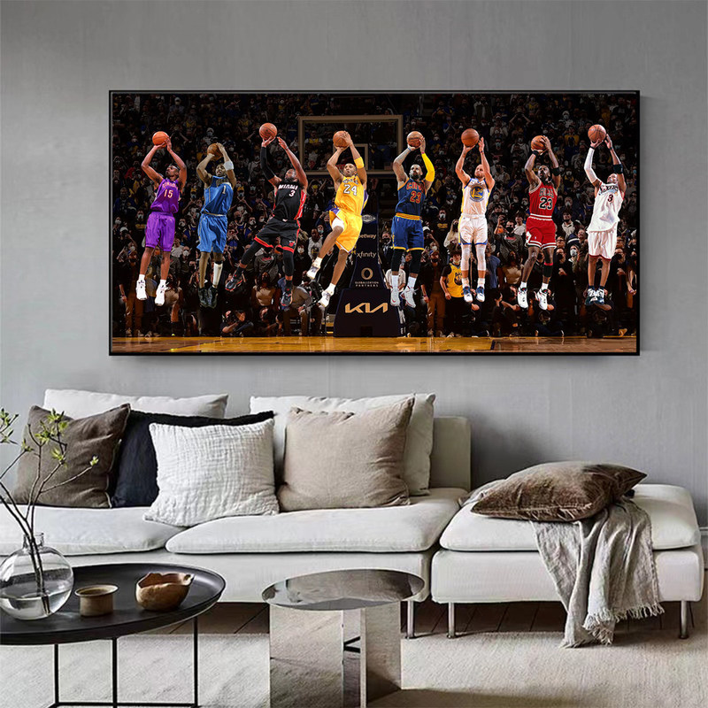 Basketball Star Wall Art: Kobe, James, Iverson Themed Decorative Painting for Living Room and Bedroom, Featuring Eight Players Shooting Baskets