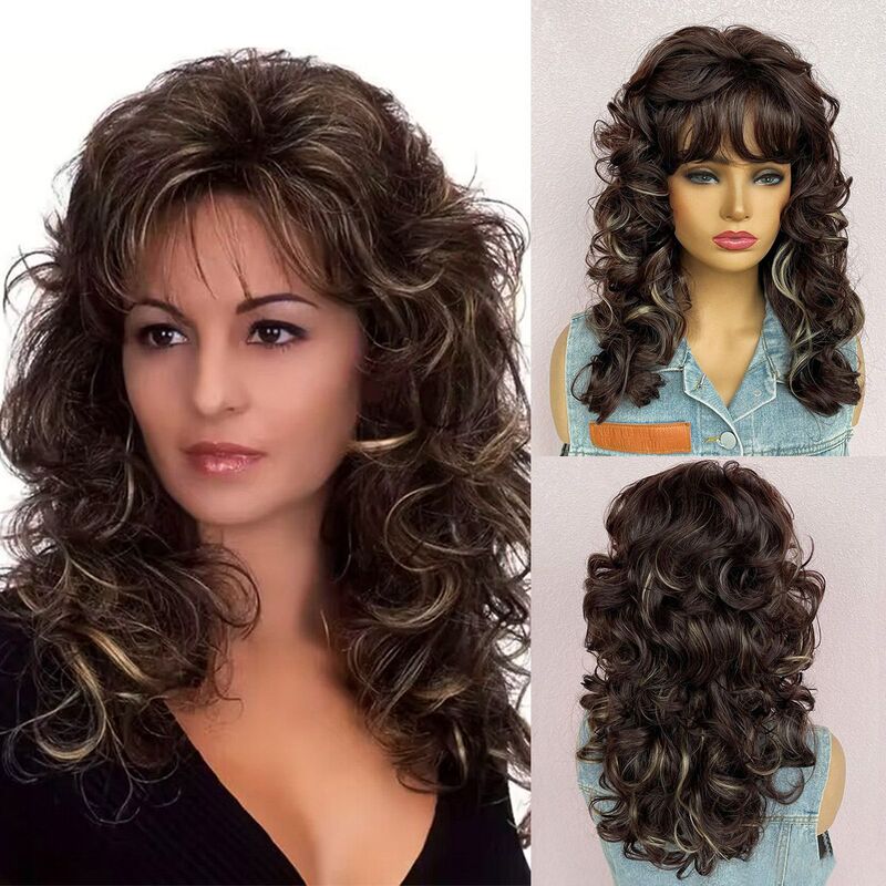 European and American Wigs, Popular Wigs on Amazon, Brown Medium-Length Curly Hair with Bangs, Factory Supply in Stock