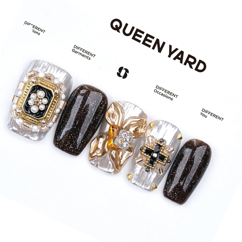 [Black Gold] Queenyard Heavy Industry High-End Elegant Whitening Nail Art 2026 Style Handmade Wearable Nails