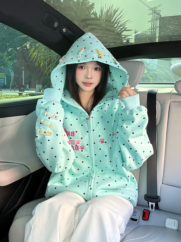 Dreamy Special Talent American-Style Hairpin Design Full-Print Polka Dot Hooded Jacket Loose Spring Long-Sleeve Cardigan
