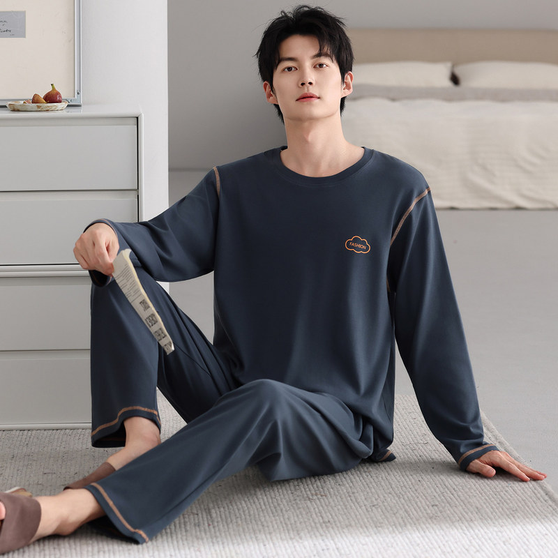 100% Pure Cotton 2025 New Men's Pajamas for Spring and Autumn, Long-Sleeved, Extra Large Size