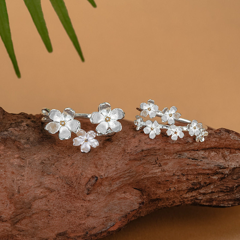 Japanese portney bell925 silver gentle temperament flower ring for women ins niche design ancient style stacking wear