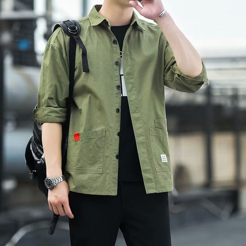 Men's Autumn Workwear Long-Sleeve Shirt Versatile Loose Work Clothes Multi-Pocket Thin Jacket Wear-Resistant and Dirt-Resistant Top